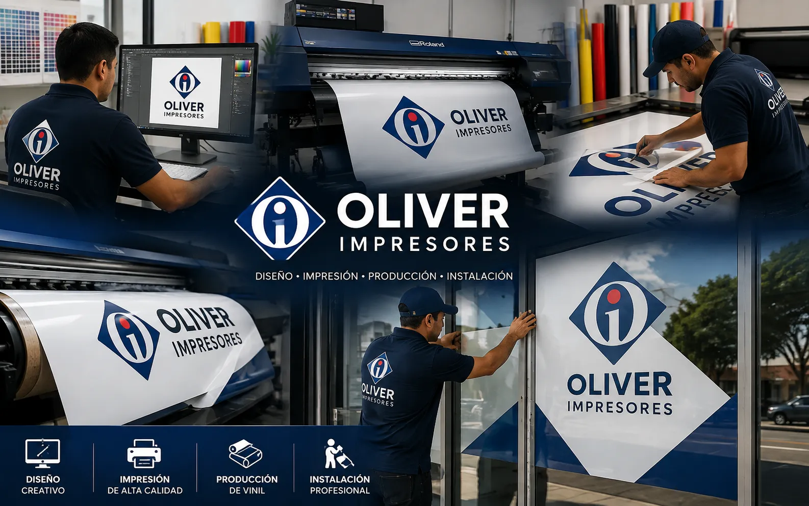 Collage de imágenes que muestra a Oliver Impresores en el diseño, la impresión en plotter de gran formato y la instalación final de vinil adhesivo con su logotipo